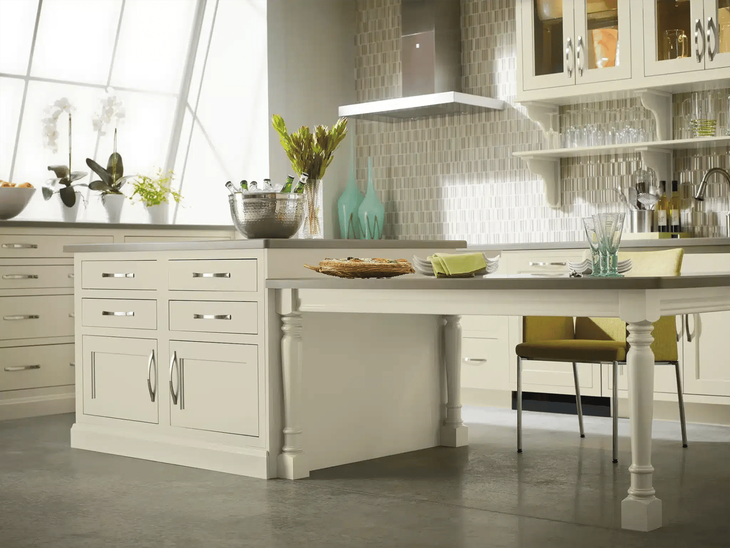 Custom kitchen with wood cabinetry and an adjoining dining table